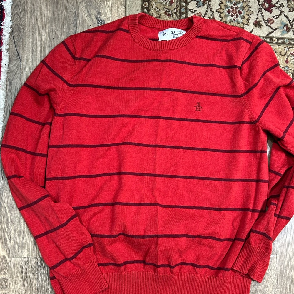 Original Penguin Men's Red and Black Striped Crewneck Sweater